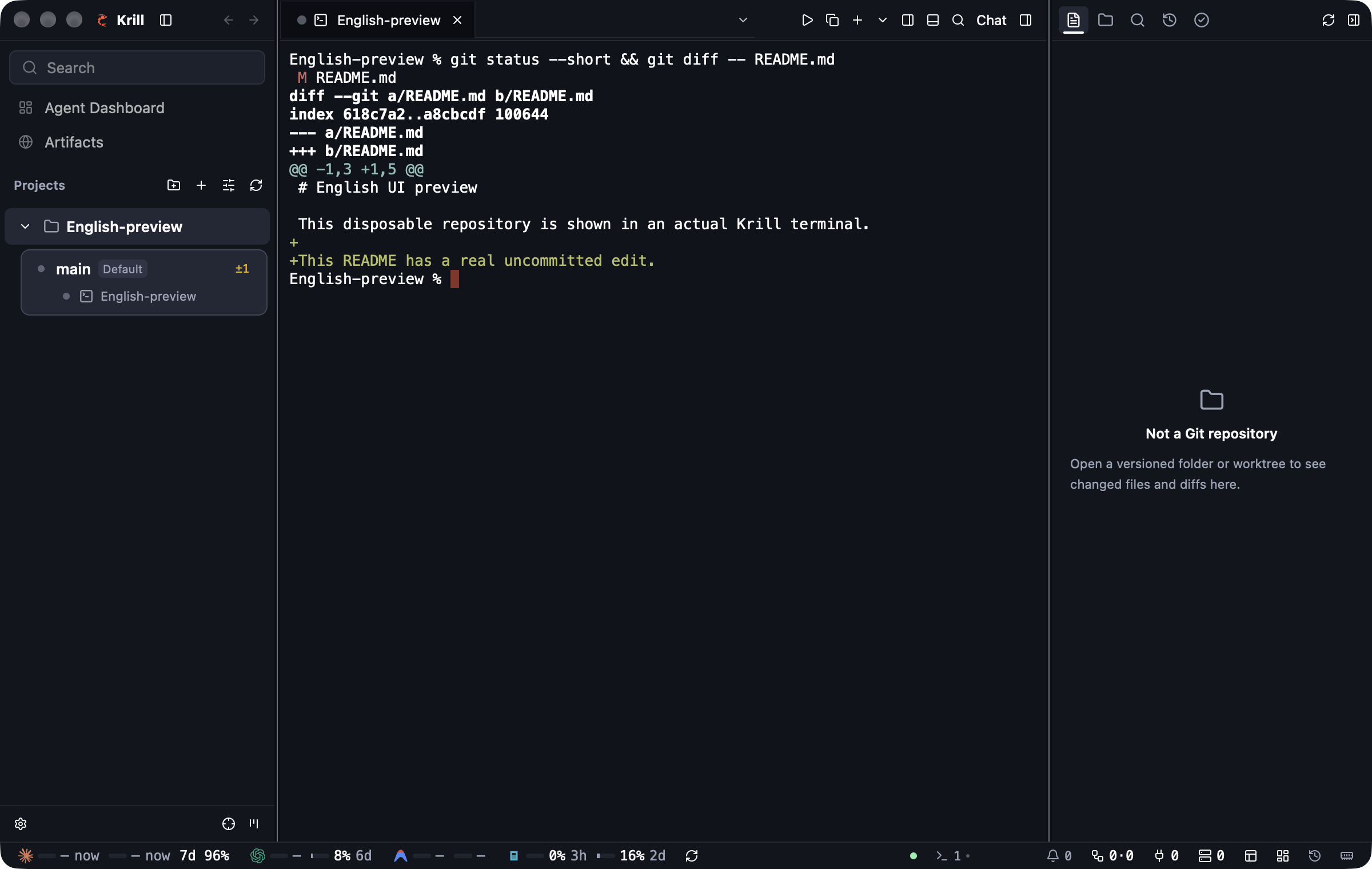 Krill native English UI preview with an ordinary terminal and real Git changes in a disposable repository